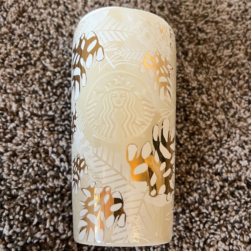 Starbucks 2020 Holiday Christmas Mug pine cone, cream and gold